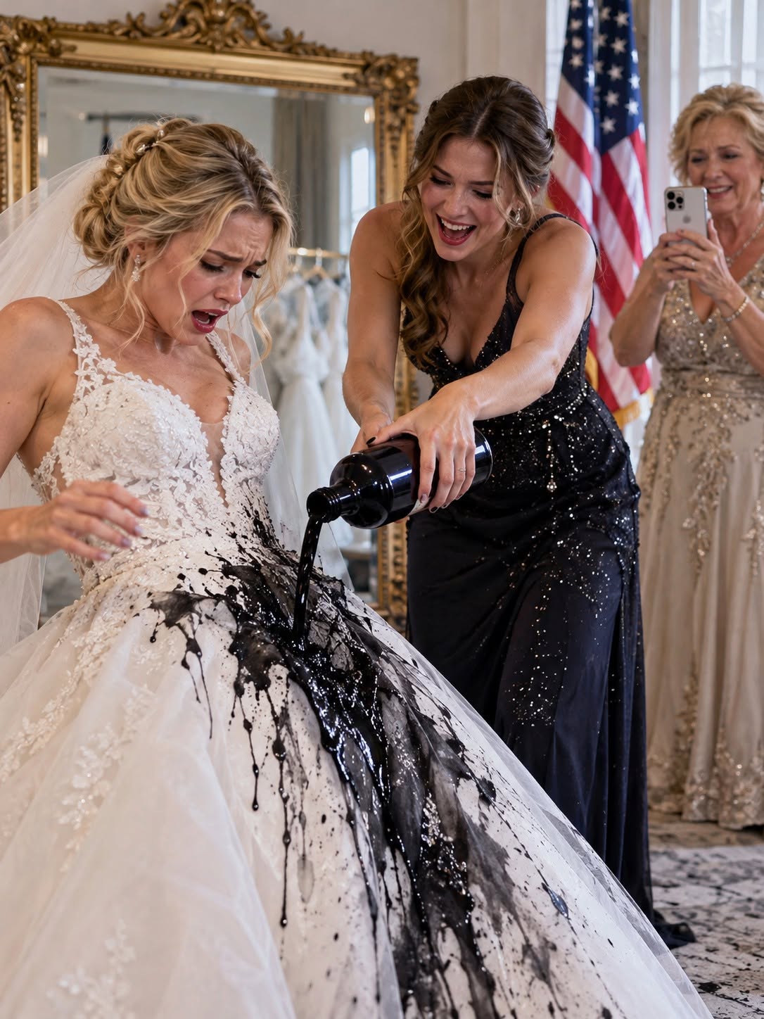 “Now you look perfect,” my sister laughed, pouring an entire bottle of black dye down my $3,200 wedding dress forty minutes before the ceremony. Ivory lace turned black. Dye dripped onto the carpet. My mother recorded everything instead of helping. I looked at Vanessa and smiled. Last night, my fiancé had revealed the secret she begged him to hide....