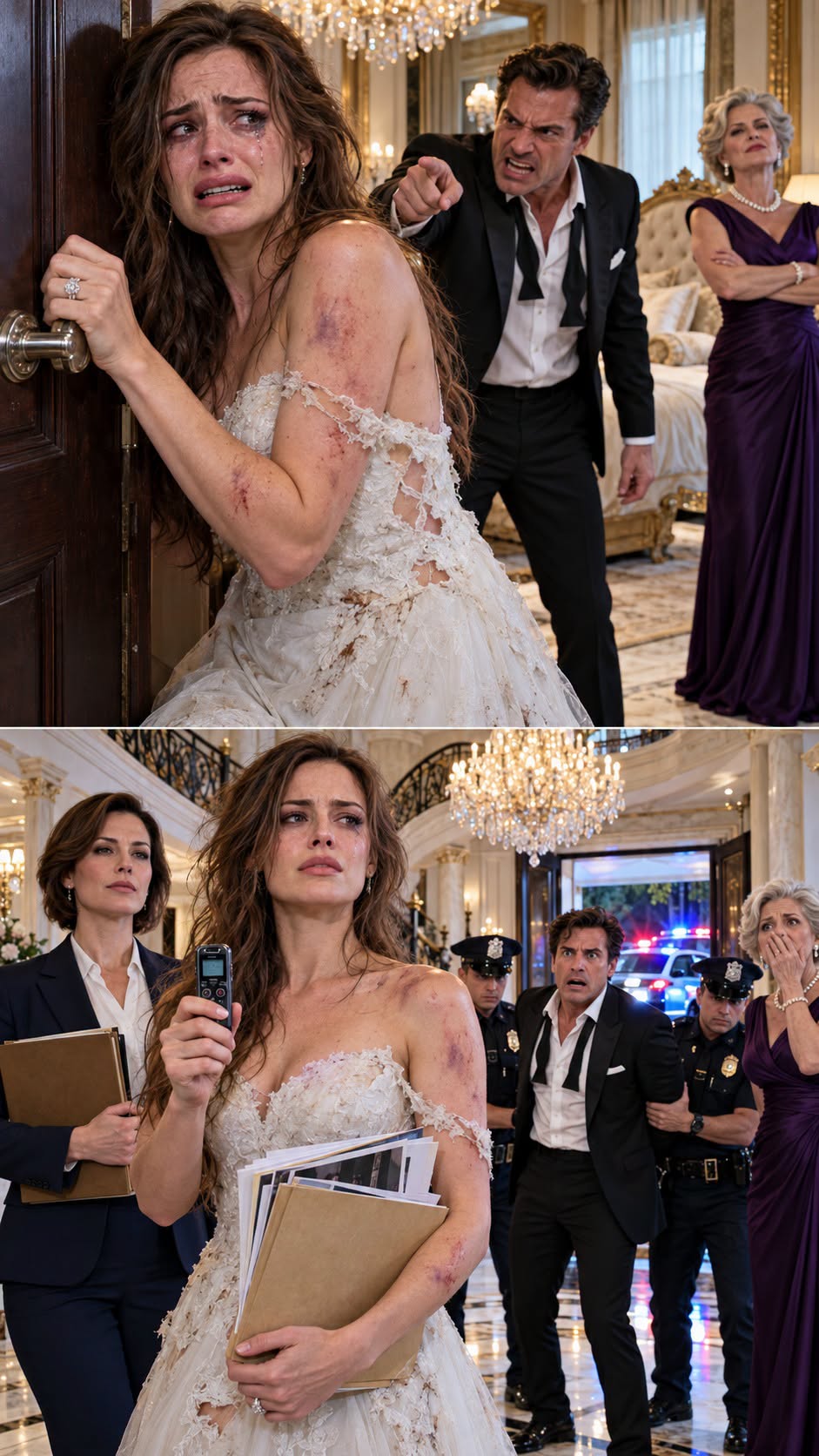 “Everything you own belongs to me now!” Richard sneered, grabbing my torn wedding dress. His mother laughed. “You're nothing without my son!” I stood trembling, my bruised hands clutching my phone. “Then why are the police outside?” I whispered. His smile disappeared as flashing lights flooded our mansion. Seconds later, my attorney sister stepped through the doorway holding a sealed folder. “Richard,” she said coldly, “your investors know everything.” But the evidence inside that folder was only the beginning...