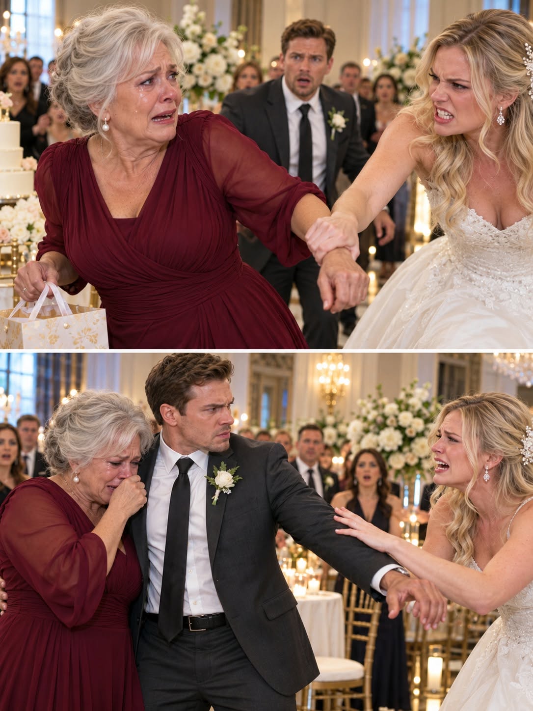 My son's bride grabbed my wrist at his wedding and told me, “People like you need to learn to watch where you're going.” I was standing alone beside the dessert table in the burgundy dress my son once loved, and she didn't even recognize me as his mother. When Marcus noticed the mark on my arm, he asked her one quiet question that changed the entire evening, and suddenly there was nowhere left for her to hide...