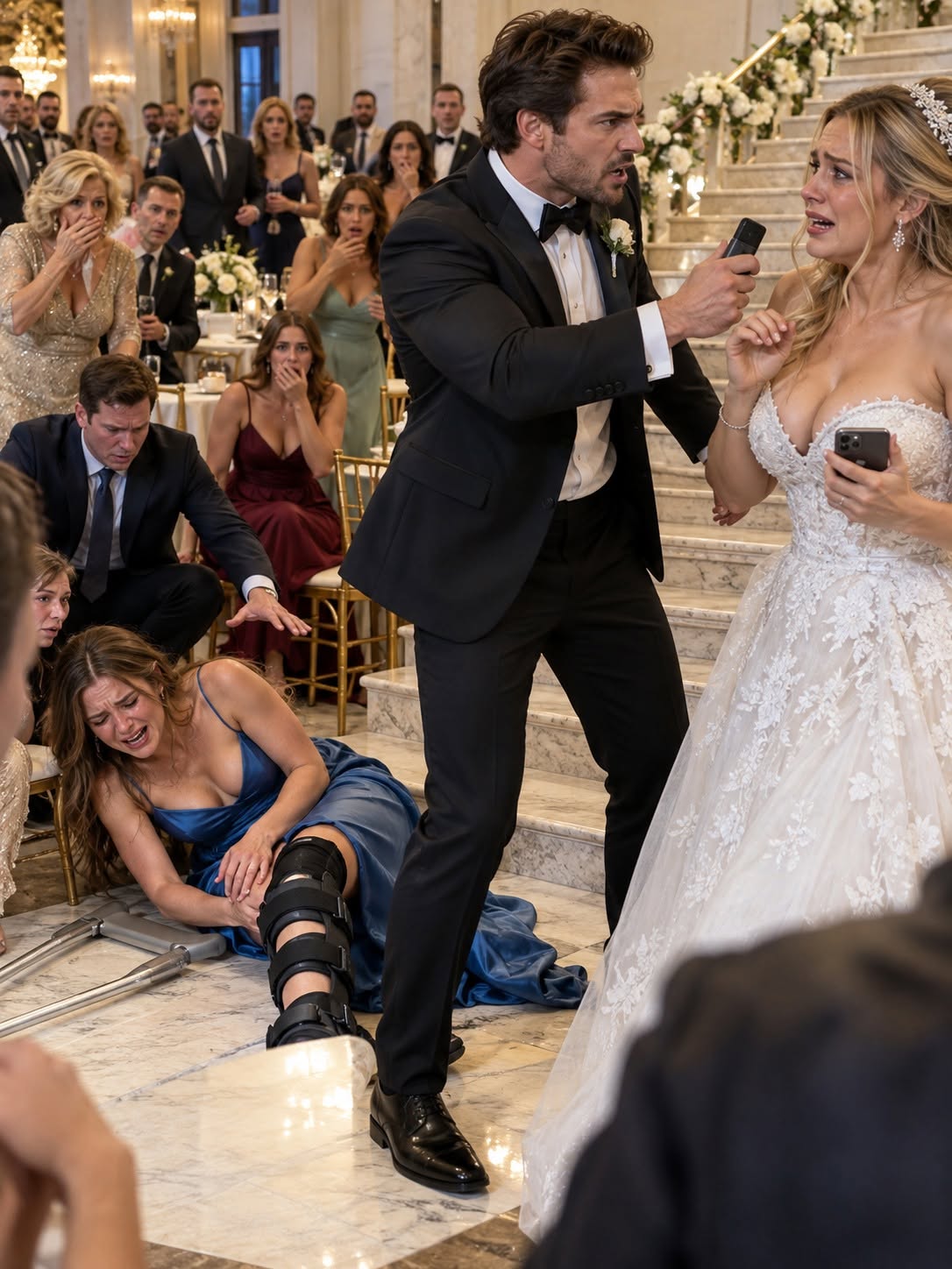 Three weeks after a car accident broke my left leg, I went to my only sister Jessica’s wedding on crutches because I didn’t want to miss her big day. When I refused to stand for one of her videos, she shoved me down the reception hall stairs, then laughed, “It was for content.” I was still lying on the floor when her fiancé stopped smiling and said he’d heard something she thought was private...