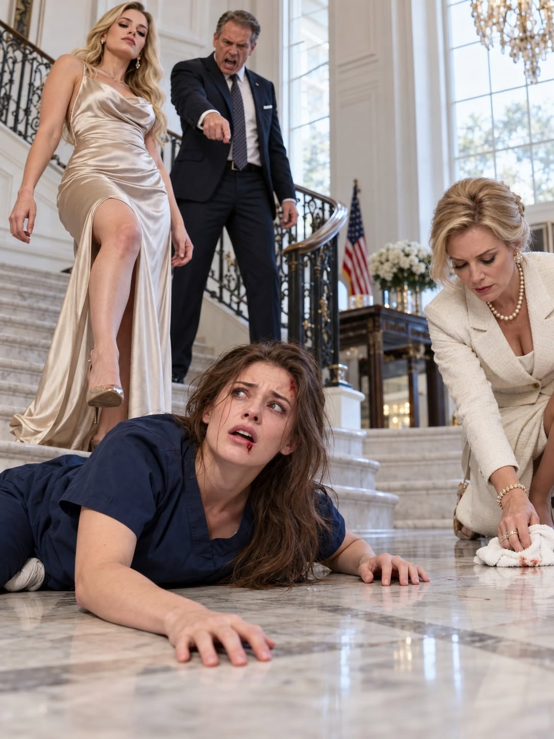 “Stop faking it!” Dad shouted as I lay at the bottom of fifteen stairs, unable to breathe. My older sister had shoved me for refusing her $50,000 wedding deposit. Mom stepped over my broken body to scrub blood from the expensive white marble. Then Vesper whispered, “Better if you die.” They had no idea what I’d already set in motion....