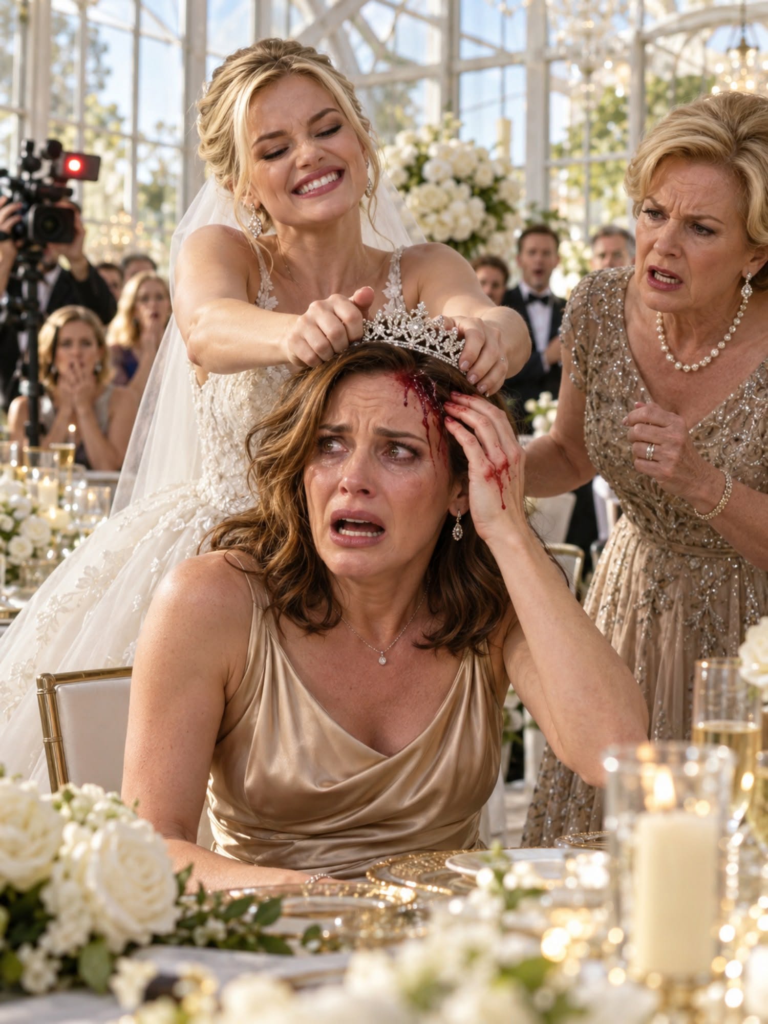 The moment my sister drove the silver tiara into my head, I knew it wasn't a joke. I heard something scrape against my skull, felt half a dozen points bite through my scalp, and saw my mother's first reaction—not horror, not concern, but a quick glance toward the wedding videographer to make sure his camera was still recording.