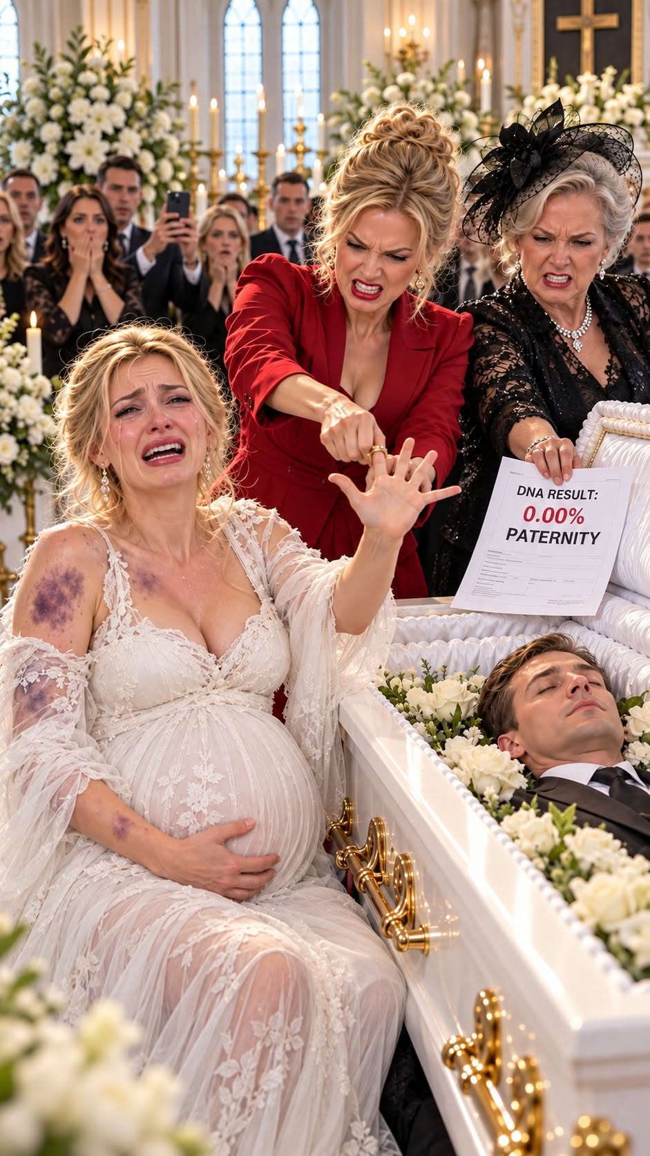 "At my husband’s funeral, my mother-in-law slammed a fake 0.00% DNA report onto his casket and sneered, “Pack your bags, opportunist. His millions belong to us.” Then my sister-in-law ripped the wedding ring from my eight-month-pregnant hand in front of 200 mourners. They thought they had already erased me from David’s family. Then the cathedral doors flew open. My husband’s attorney walked down the aisle carrying David’s final video will. And the moment his face appeared on the screen, my mother-in-law stopped smiling.