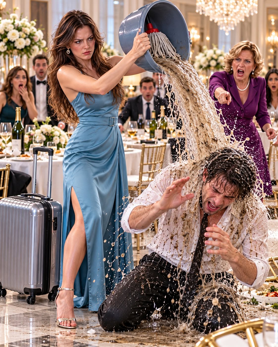 On my wedding night, my mother-in-law shoved a bucket of filthy water at me and ordered me to clean up her son's friends' vomit. "You're his wife now. Do as you're told," she snapped. When I refused, my husband grabbed my hair and slapped me. I dumped the mop water on him, grabbed my suitcase, and left. He had no idea who he'd just thrown out.