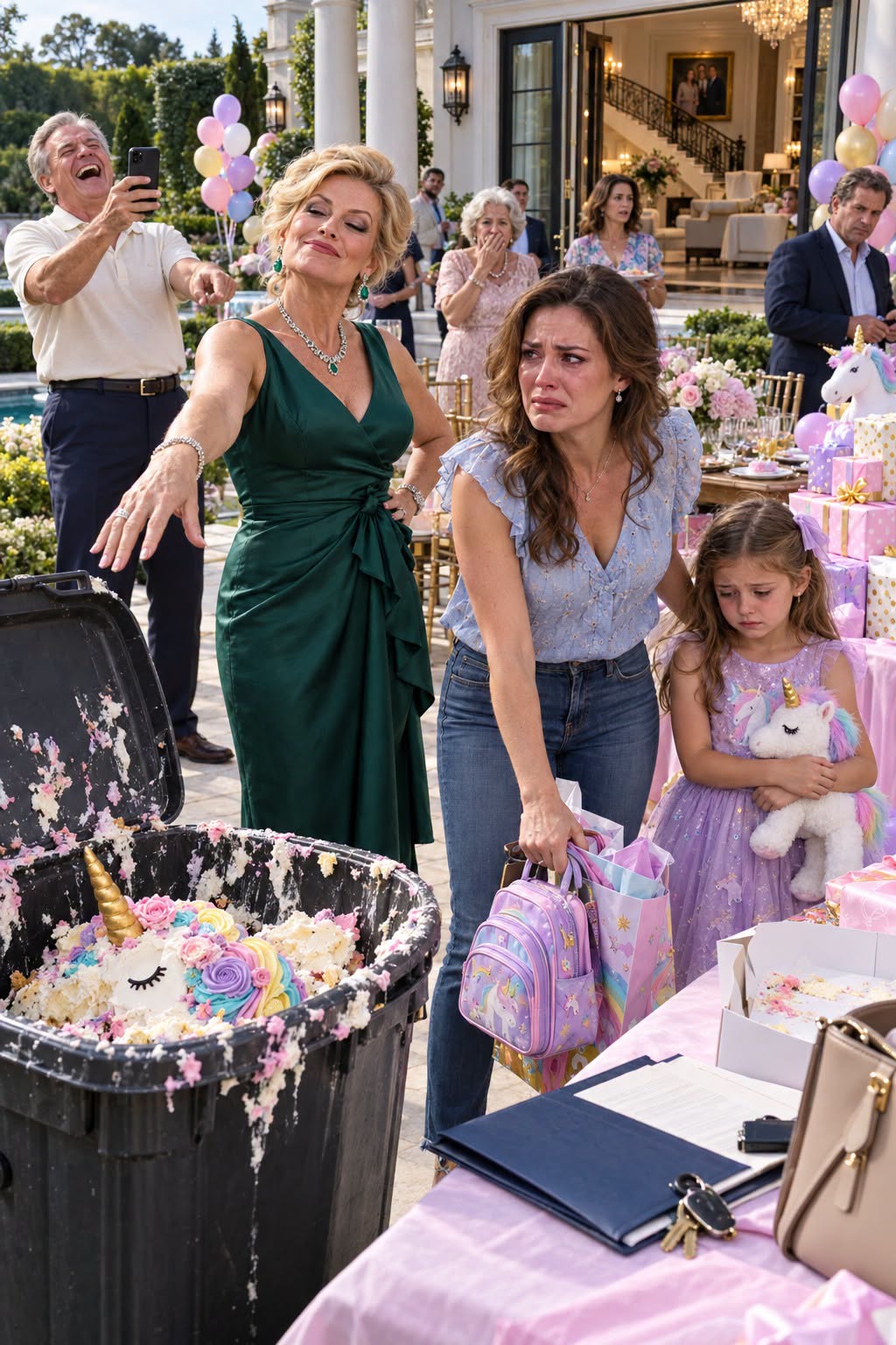 I spent weeks saving for the unicorn cake my seven-year-old daughter had dreamed about, only to watch my father’s wife drop it into a trash can and say, “Only my kids get parties here.” What hurt more was seeing my own father film the moment and laugh. I packed up without giving them the scene they wanted, but they had no idea I already knew something about their beautiful house that they didn’t—and four weeks later, my father would call me in absolute panic.
