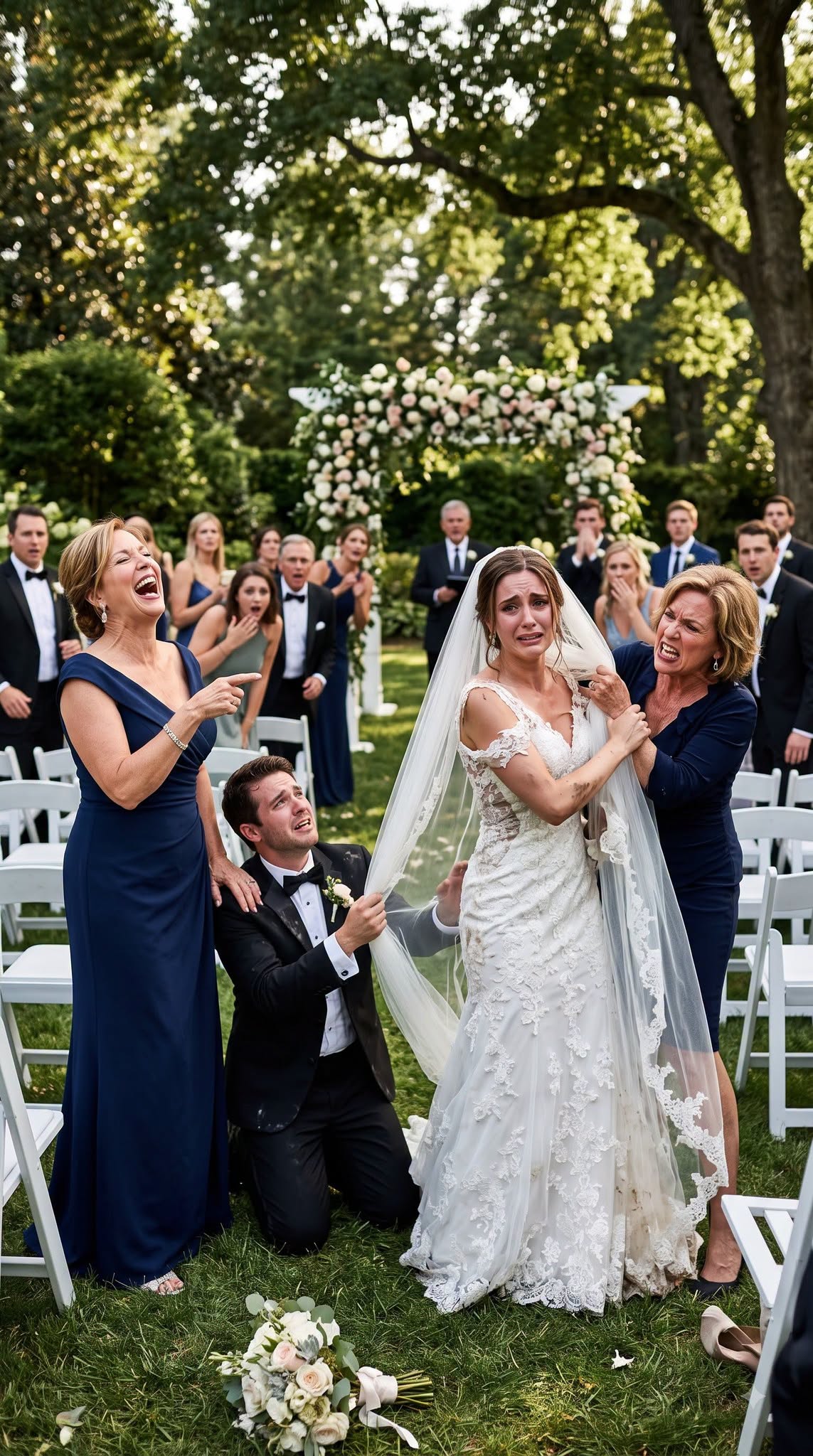 "As my sister lunged across the altar, violently tackling my daughter on her wedding day, I expected my own mother to step in. Instead, Mom burst into a cold, hysterical laugh, cheering on the chaos. While guests gasped in horror, the terrified groom grabbed my hands, pleading, 'Please, you have to stop them before someone dies!' How could my own family turn my daughter's happiest day into a bloodbath? What dark secret were they hiding?"