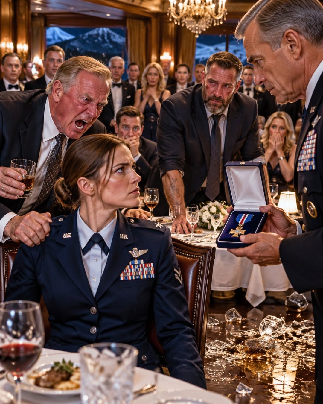 “Is this your family, Captain?” the General asked, holding my Distinguished Flying Cross toward me. I looked past him at my father—once so proud, so loud, so certain I was a disappointment—now standing amid shattered glass and spilled bourbon with tears running down his face. For thirty years, he had mocked me in front of anyone willing to listen, but the answer I gave that General made the entire room fall completely silent.