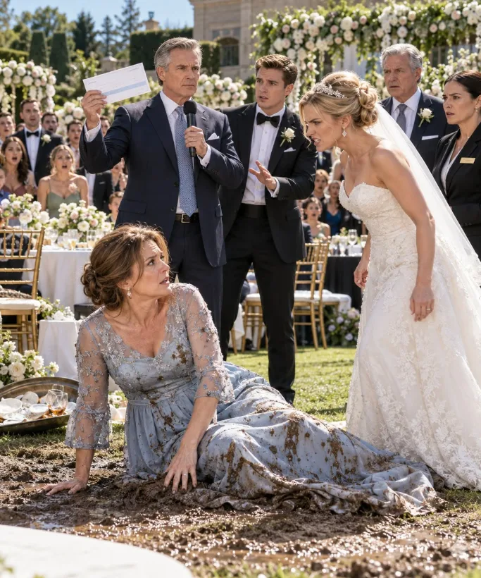 At my son’s lavish wedding, his bride shoved my wife into the mud while two hundred guests watched. My son saw everything—and immediately tried to call it an accident. I didn’t argue or raise my voice. I simply took the microphone, pulled the final $84,000 payment from my jacket, and announced that the celebration they had expected me to finance was over.