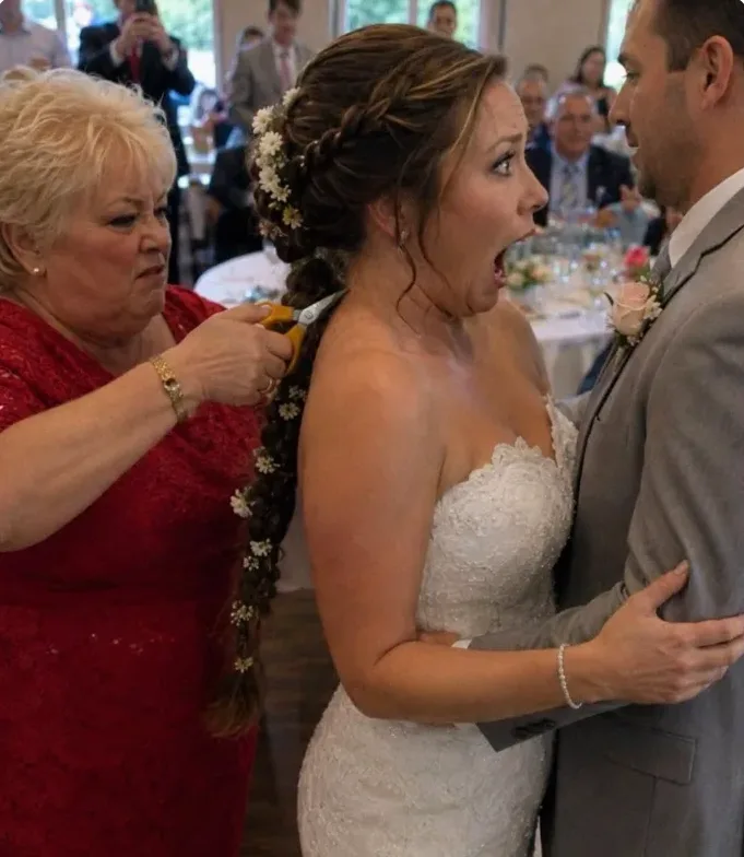 "My MIL cut off my wedding braid in front of our entire reception, laughing that it was a “family tradition”—then my husband returned with a special guest who made her run out screaming.