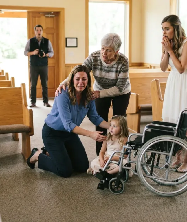 At my nephew’s baptism, my sister tipped my five-year-old daughter’s wheelchair backward onto the chapel floor because one wheel touched her white dress. As Lily lay unresponsive beneath the pew, still clutching the paper angel she had made for her cousin, Mom pinned both my arms behind me and whispered, “Don’t call anyone yet. Vanessa deserves to finish the family photographs before you destroy her day.”