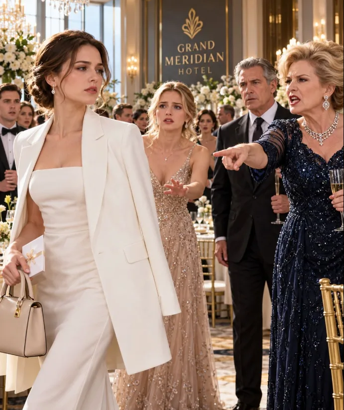 “Get out. This hotel is for respectable people,” my sister’s future mother-in-law sneered at me during the engagement party. I quietly picked up my purse and left. She had no idea the entire hotel belonged to me—or that her husband’s career depended on my company. The next evening, I returned to that same ballroom. When the microphone announced, “Please welcome the owner,” I watched her face turn completely white.