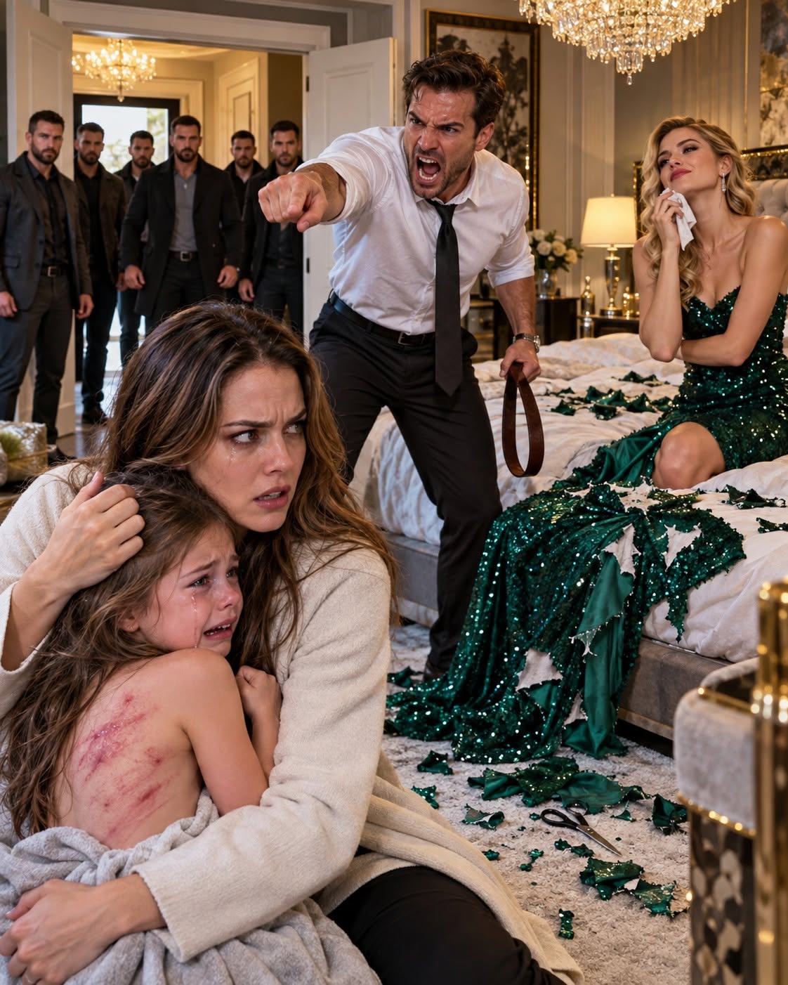I came home to find my husband punishing my 8-year-old daughter for tearing his mistress’s $10,000 dress. “Pay for it or get out!” he screamed. I took my sobbing child to her room, where she whispered, “Mommy, she did it” I didn’t argue. I simply held my daughter, picked up my phone, and called my five brothers. My husband had no idea what was coming.