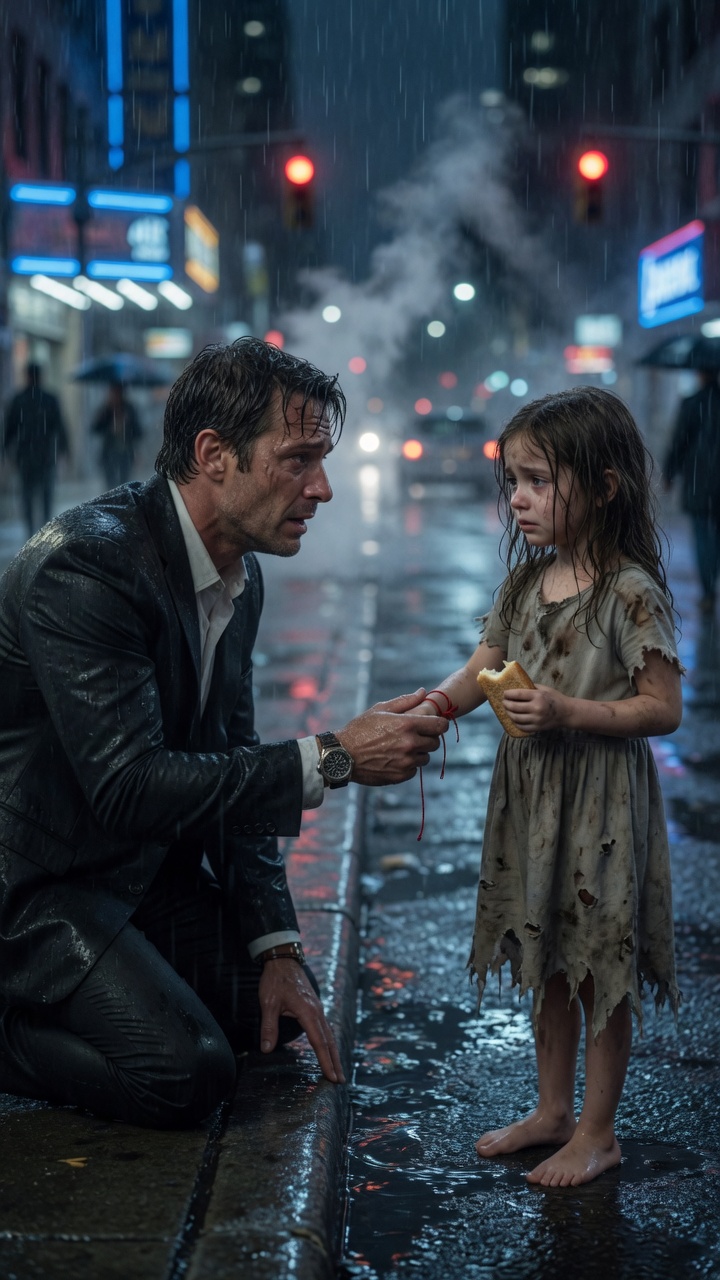 The Millionaire Was Crying On The Rainy Sidewalk… Until A Barefoot Girl Offered Him Bread And Revealed The Red Bracelet He Tied On His Lost Daughter