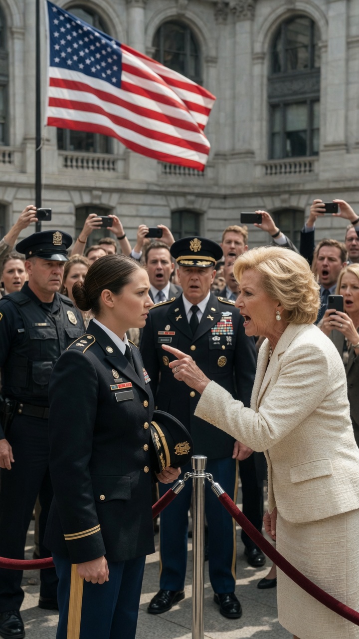 The Female Officer Stood Silent As The General’s Wife Humiliated Her… But One Name On Her Uniform Made Everyone Freeze