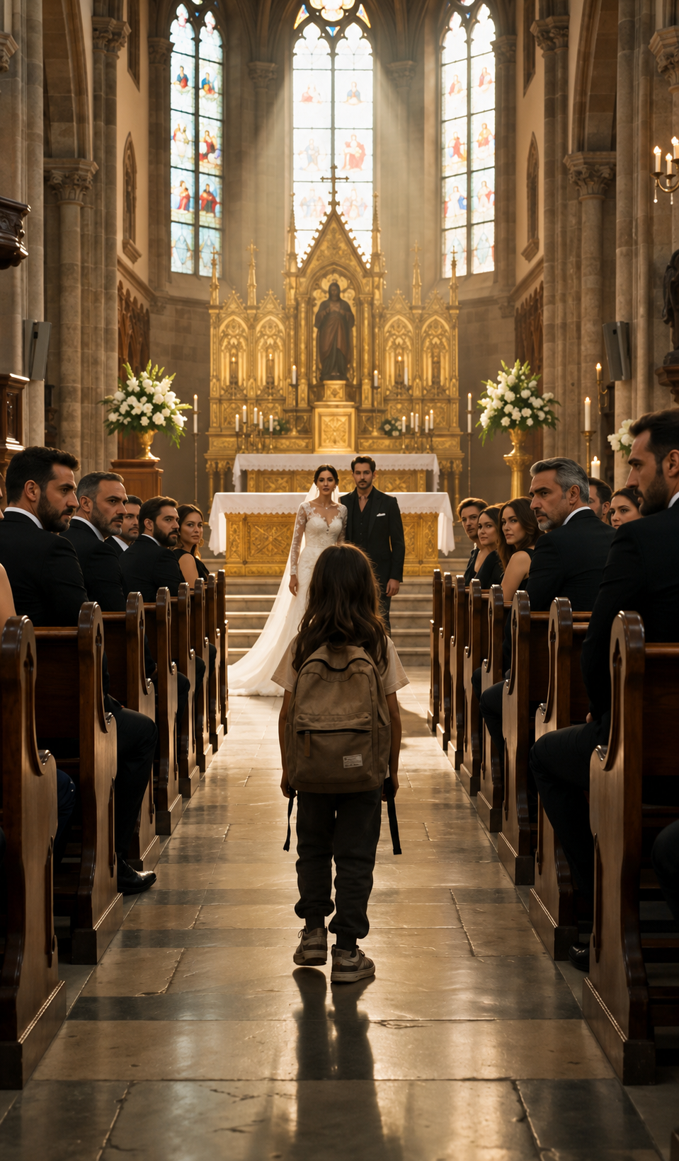 Sofía entró a la iglesia con la cara sucia, una mochila vieja y una foto arrugada… todos pensaron que venía a arruinar la boda, pero nadie imaginó que el novio descubriría allí a la hija que nunca supo que tenía.
