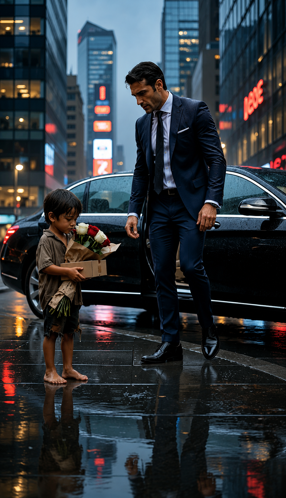 Le Milliardaire Crut Que Le Garçon Pieds Nus Lui Vendait Des Roses… Mais La Lettre Trempée Dans Sa Boîte Révéla Qu’Il Était Son Fils