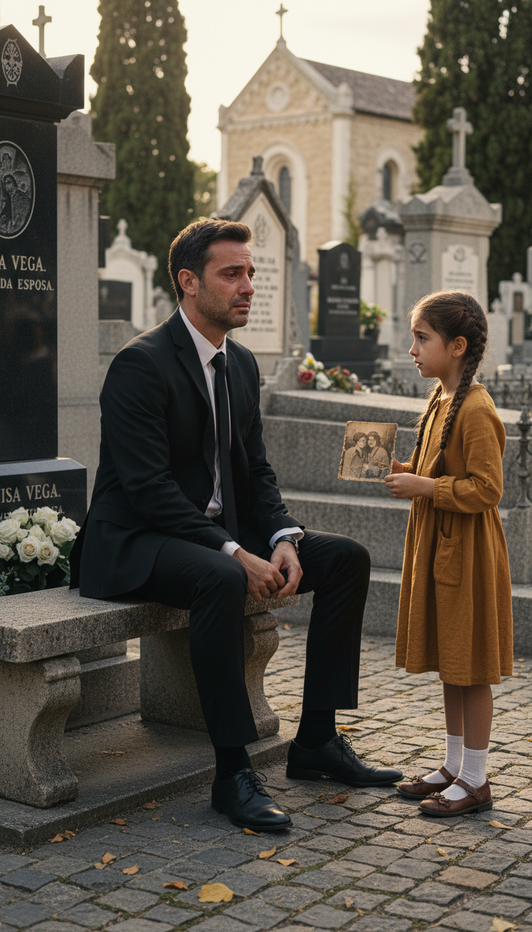 IL PLEURAIT DEVANT LA TOMBE DE SA FEMME QUAND UNE PETITE FILLE LUI TENDIT UNE VIEILLE PHOTO… PUIS ELLE MURMURA : « ALORS… POURQUOI ÉTAIT-ELLE AVEC MOI ? »