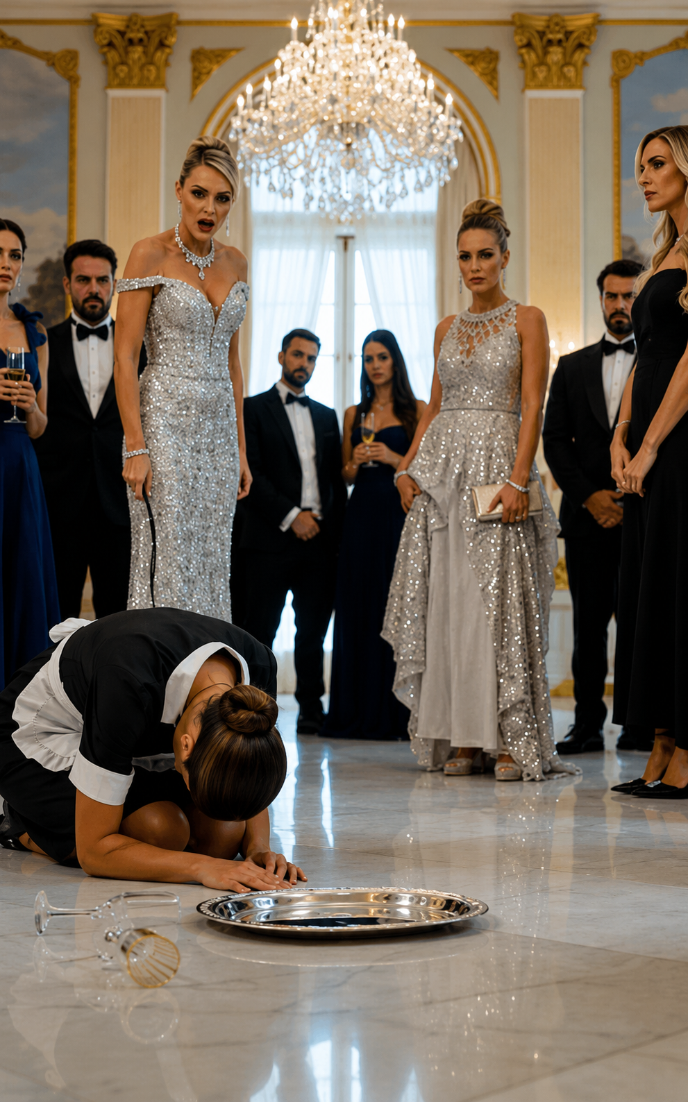 LA FIANCÉE DU MILLIARDAIRE HUMILIA LA JEUNE DOMESTIQUE DEVANT TOUS LES INVITÉS… MAIS QUAND ADRIEN VIT LE MÉDAILLON NOIR À SON COU, IL BLÊMIT : « QUI T’A DONNÉ ÇA ? »
