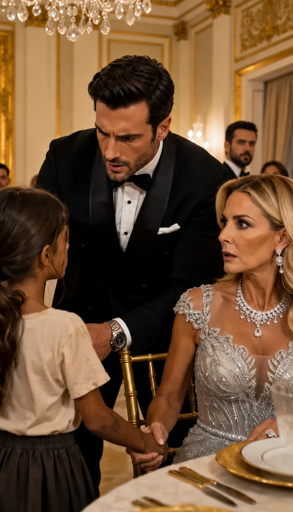 UNE PETITE FILLE SALE A SURGI AU MILIEU D’UN GALA DE LUXE… MAIS QUAND ELLE A POSÉ SA MAIN À CÔTÉ DE CELLE DE CLAIRE ET MURMURÉ « MA MÈRE AVAIT LA MÊME MARQUE », LA FEMME EN DIAMANTS A PÂLI