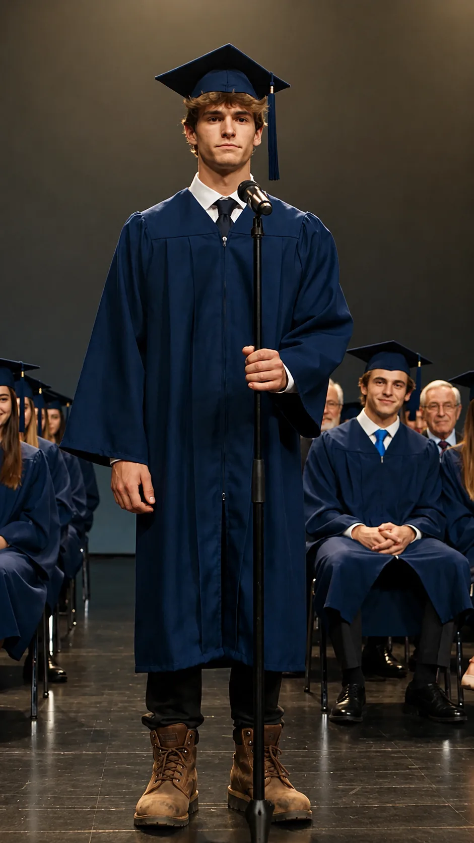 SE BURLÓ DE SUS BOTAS SUCIAS EN PLENA GRADUACIÓN… HASTA QUE EL CHICO LO MIRÓ Y DIJO: “EL ÚLTIMO ALUMNO QUE MI PADRE SACÓ DEL HUMO… FUISTE TÚ”