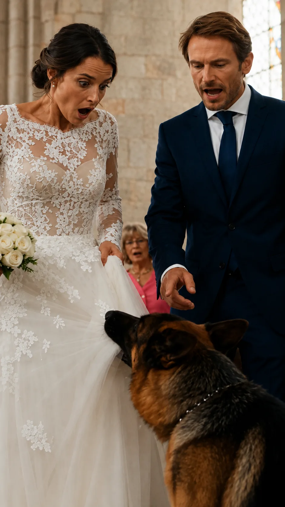 LE CHIEN A DÉCHIRÉ LA ROBE DE LA MARIÉE DEVANT TOUTE L’ÉGLISE… PUIS LE MARIÉ A DÉCOUVERT CE QUI AVAIT ÉTÉ COUSU À L’INTÉRIEUR