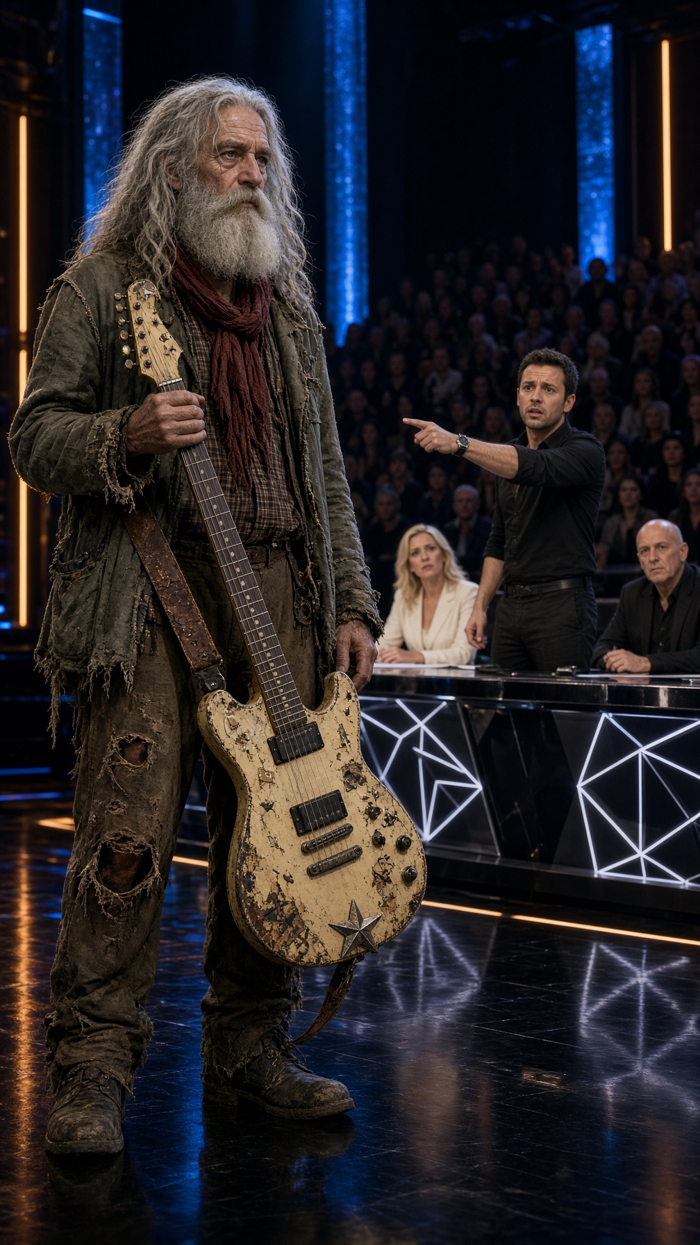 LE VIEIL HOMME EST MONTÉ SUR SCÈNE AVEC UNE GUITARE DÉTRUITE… MAIS LE JUGE S’EST LEVÉ EN CRIANT : « CETTE GUITARE ÉTAIT À MON PÈRE DISPARU IL Y A 25 ANS »
