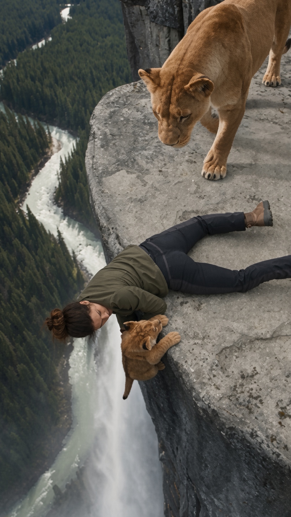 ELLE A SAUVÉ UN LIONCEAU SUSPENDU AU-DESSUS DU VIDE… PUIS ELLE A VU SA MÈRE ARRIVER DERRIÈRE ELLE