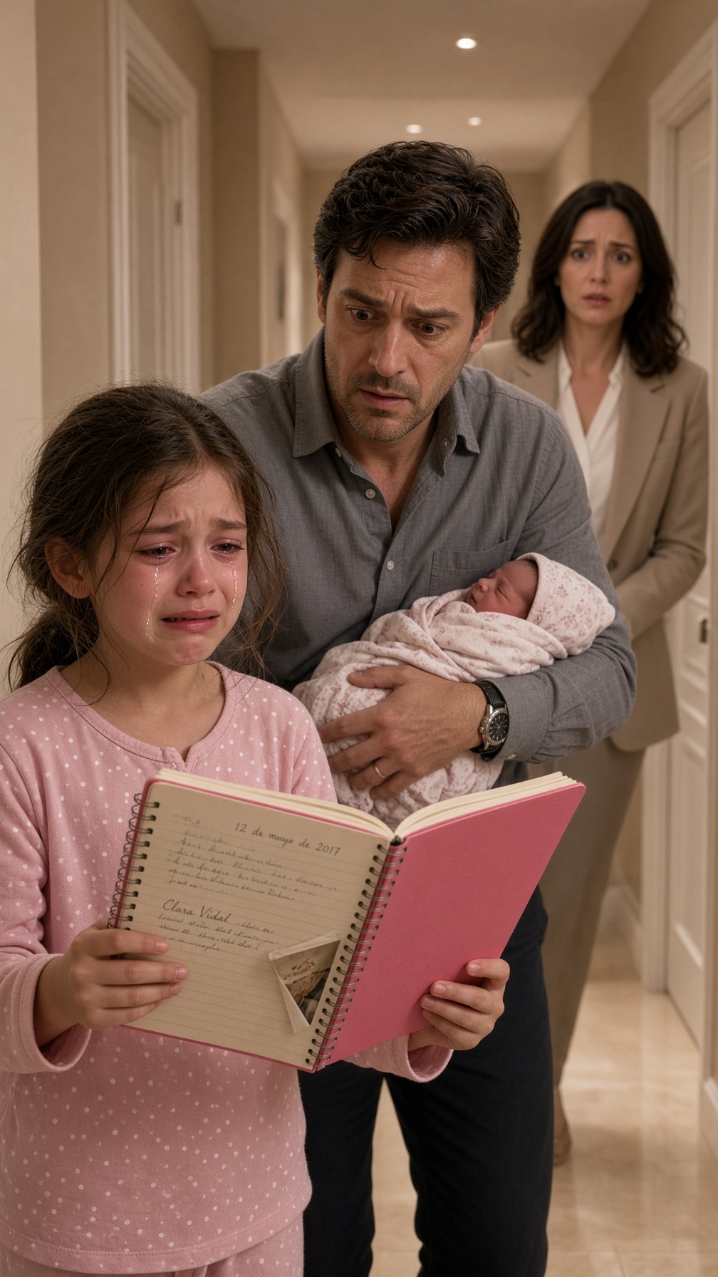 LA NIÑA LLORABA MIENTRAS SU PADRE ABRAZABA AL NUEVO BEBÉ… HASTA QUE ABRIÓ EL DIARIO DE SU MADRE MUERTA Y DIJO: «PAPÁ, CLARA YA ESTABA AQUÍ ANTES DE QUE MAMÁ MURIERA»