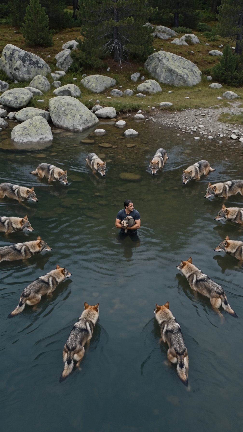 UN HOMBRE SE LANZÓ A UN LAGO PARA SALVAR A UN LOBEZNO… SEGUNDOS DESPUÉS QUEDÓ RODEADO POR TODA LA MANADA, PERO LO QUE HIZO EL LOBO MÁS GRANDE NADIE LO ESPERABA