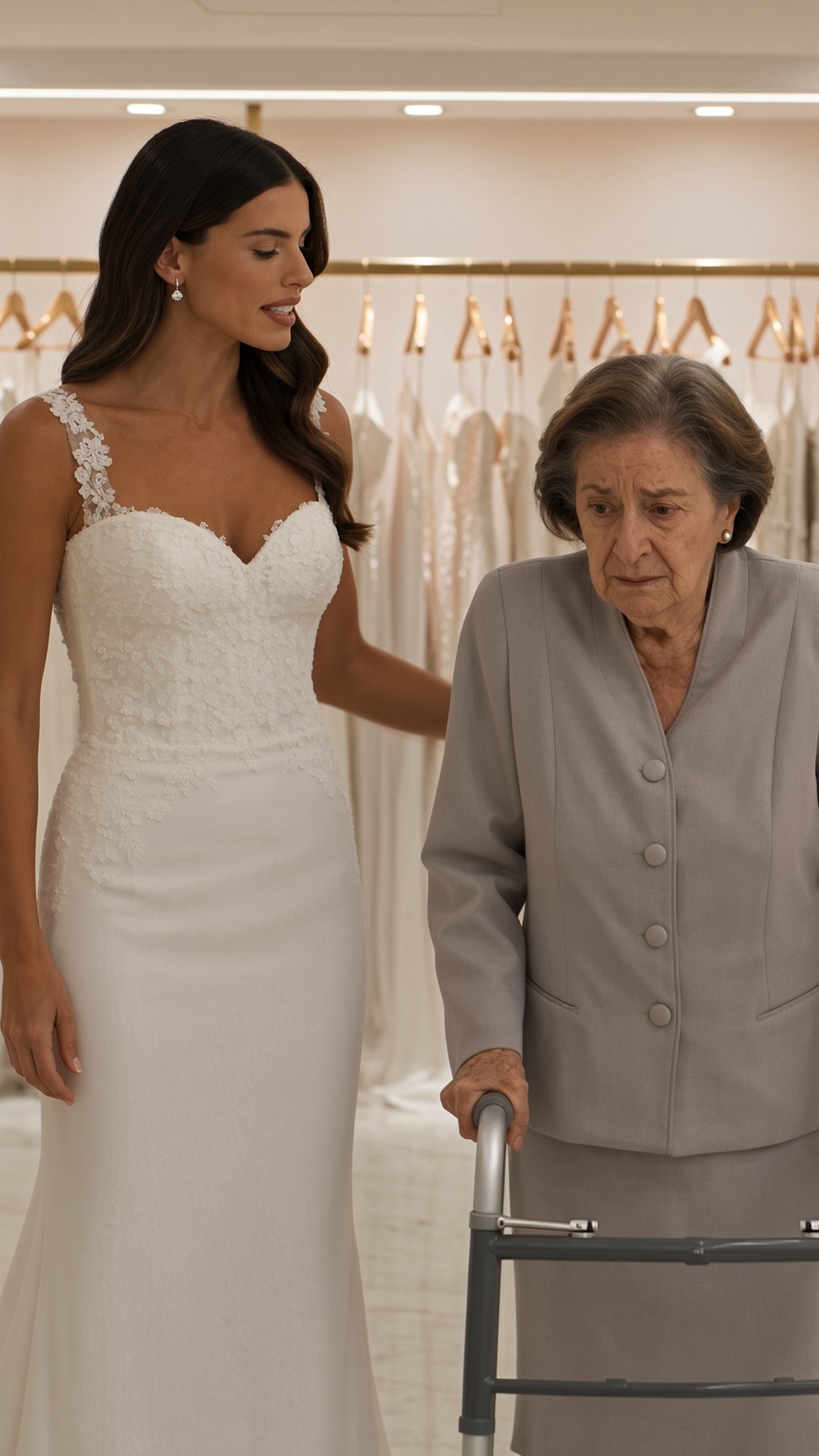 LA NOVIA OBLIGÓ A UNA ANCIANA CON MULETA A SUJETAR SU VESTIDO… PERO PALIDECIÓ CUANDO EL NOVIO PREGUNTÓ: «¿QUIÉN LE HA DICHO QUE ELLA TRABAJA AQUÍ?»