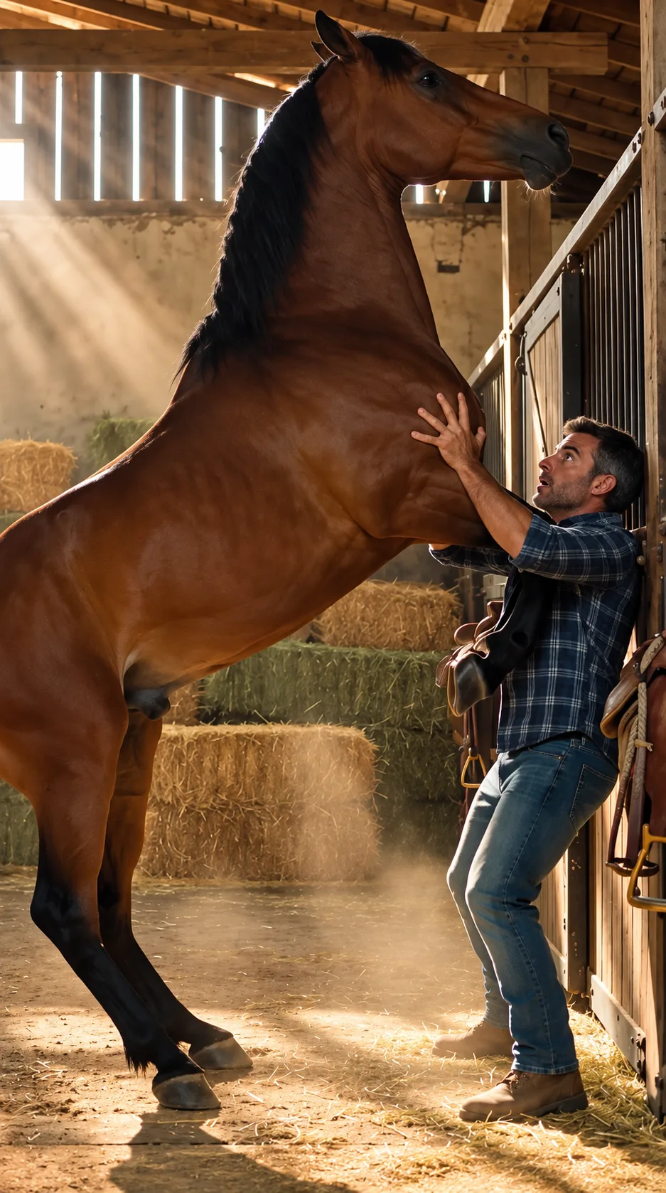 EL CABALLO QUE HABÍA CRIADO DESDE SU NACIMIENTO SE LEVANTÓ SOBRE DOS PATAS Y CASI LO APLASTÓ CONTRA LA PARED… PERO SEGUNDOS DESPUÉS JAVIER COMPRENDIÓ QUE TRUENO NO ESTABA INTENTANDO ATACARLO