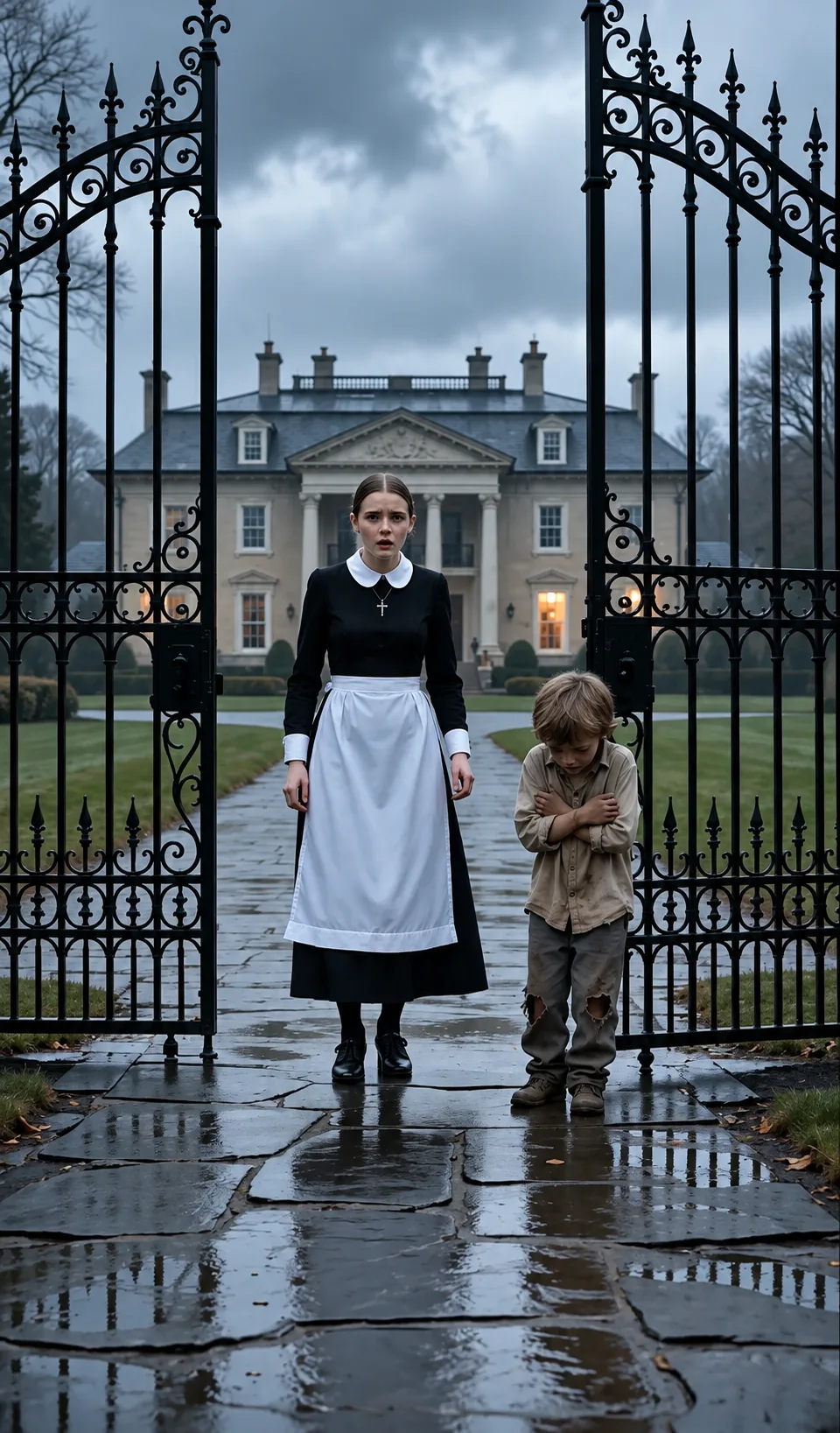 THE MAID FOUND A STARVING BOY OUTSIDE THE MILLIONAIRE’S GATES… BUT WHEN HE PULLED A BROKEN LOCKET FROM HIS SHIRT, HER BOSS WHISPERED, “MY FATHER WAS BURIED WITH THAT.”