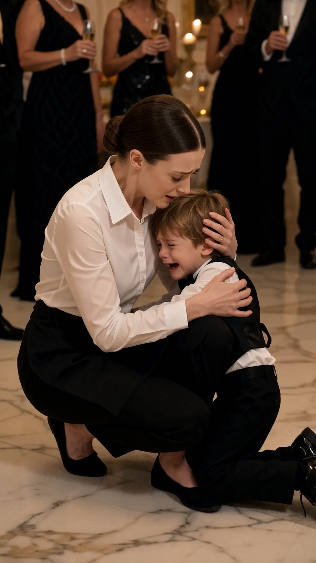 THE LITTLE BOY RAN ACROSS THE MILLIONAIRE’S GALA CRYING, “MOMMY!”… BUT HE RAN PAST HIS FATHER’S FIANCÉE AND THREW HIMSELF INTO THE WAITRESS’S ARMS