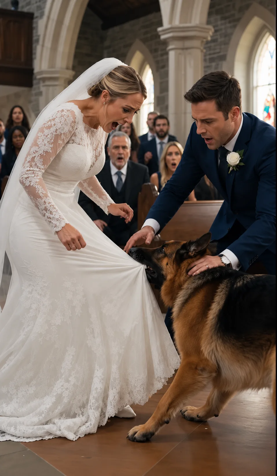 THE GERMAN SHEPHERD TORE THE BRIDE’S WEDDING DRESS IN FRONT OF EVERYONE… THEN THE GROOM SAW SOMETHING SEWN INSIDE
