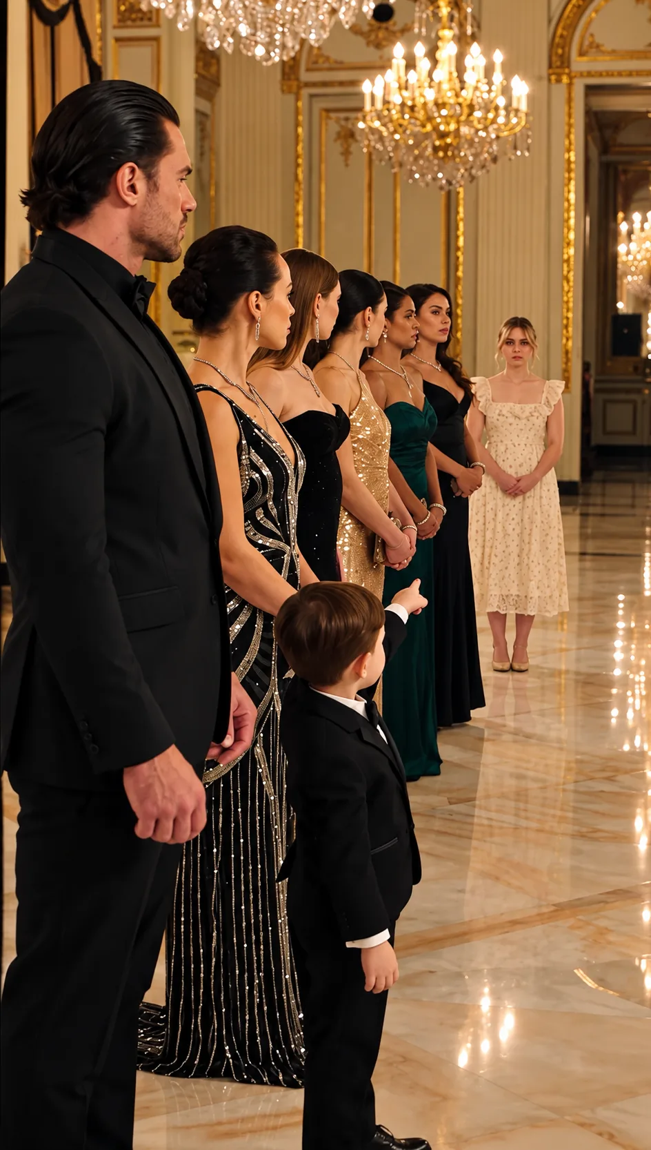 THE MAFIA BOSS WAS CHOOSING A WIFE FROM A ROOM FULL OF WEALTHY WOMEN… BUT HIS 4-YEAR-OLD SON POINTED AT THE SIMPLE GIRL AND SAID, “DAD… HER.”