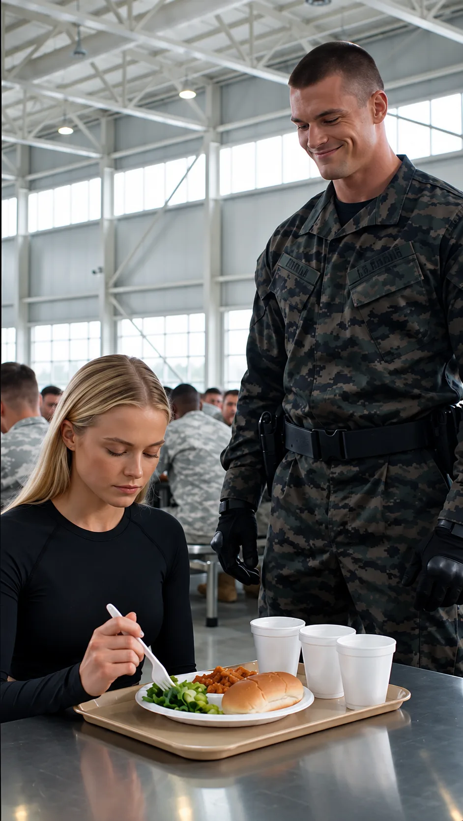 A SERGEANT POURED HIS DRINK OVER A “CIVILIAN” IN THE MILITARY CAFETERIA… THEN SHE LOOKED UP AND SAID, “YOU SHOULD’VE ASKED MY NAME.”