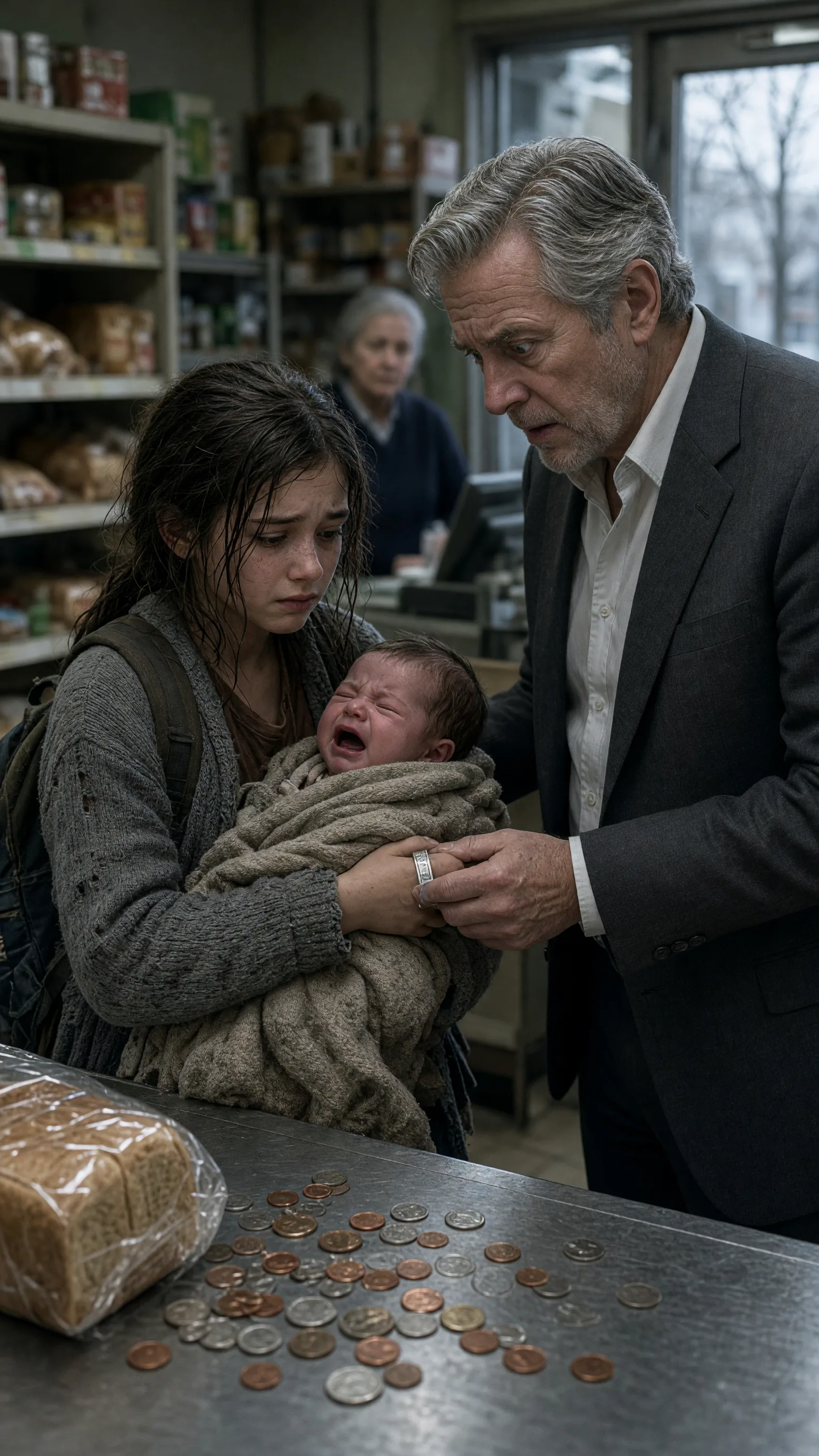 THE GIRL COUNTED HER LAST COINS FOR ONE LOAF OF BREAD… THEN A WEALTHY STRANGER SAW THE BABY’S BRACELET AND ASKED, “WHAT WAS YOUR MOTHER’S NAME?”