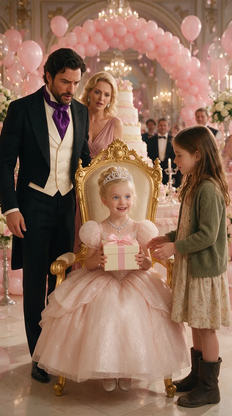 UNE PETITE FILLE PAUVRE EST ENTRÉE DANS L’ANNIVERSAIRE LUXUEUX D’UNE HÉRITIÈRE AVEC UN SIMPLE CADEAU… MAIS QUAND LE MILLIARDAIRE A RECONNU LE RUBAN ROSE, SON SOURIRE A DISPARU