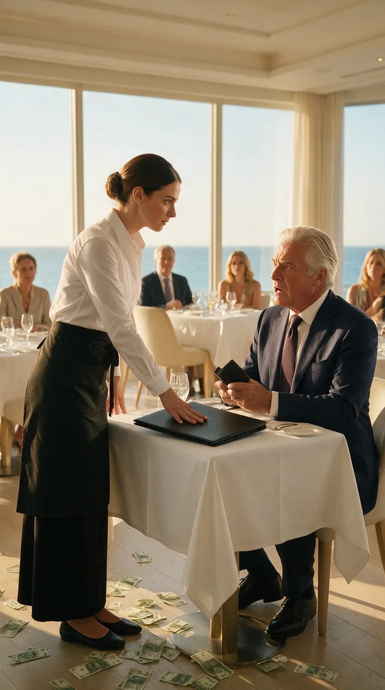 LE MILLIONNAIRE A JETÉ DES BILLETS AUX PIEDS D’UNE SERVEUSE POUR L’HUMILIER… MAIS LORSQU’ELLE A POSÉ UN MENU NOIR SUR SA TABLE ET DIT « REGARDEZ LE NOM », SON SOURIRE A DISPARU