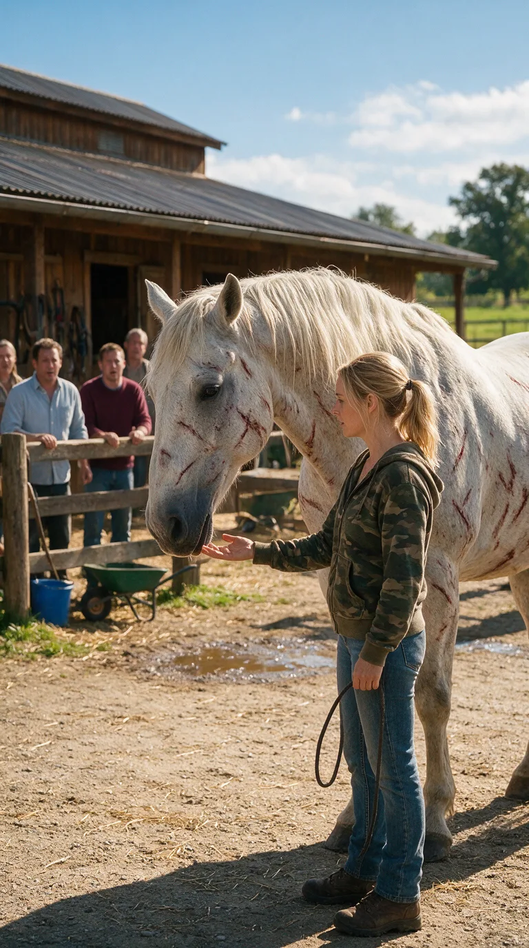 NADIE QUERÍA COMPRAR AL ENORME CABALLO BLANCO CUBIERTO DE CICATRICES… PERO CUANDO UNA MUJER LE TENDIÓ LA MANO, DESCUBRIÓ UNA VERDAD SOBRE SU PASADO QUE HIZO LLORAR A TODOS