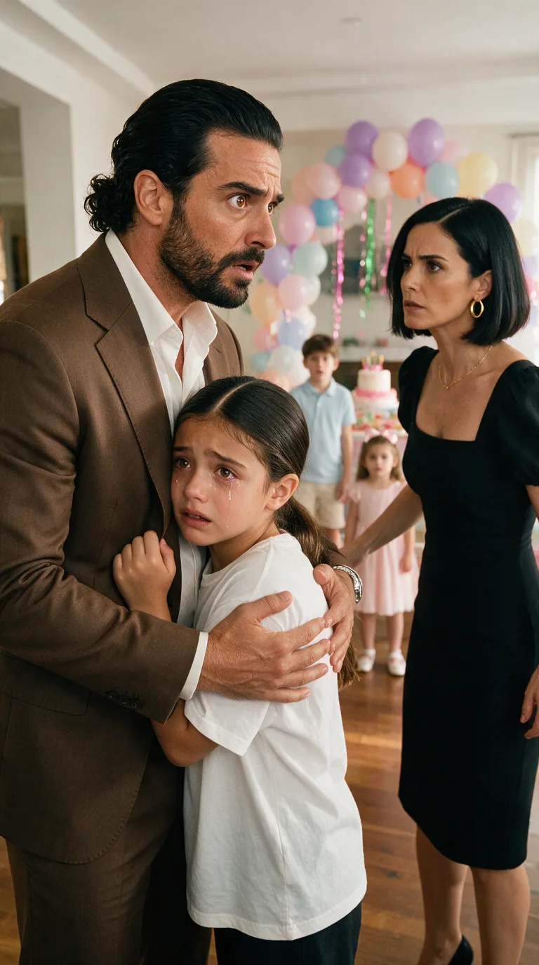 “DON'T YOU DARE TALK TO MY DAUGHTER LIKE THAT!” THE MILLIONAIRE SHOUTED WHEN HE FOUND HER CRYING AT A BIRTHDAY PARTY… BUT WHEN THE LITTLE GIRL WHISPERED, “DADDY, THIS IS WHAT HAPPENS WHEN YOU'RE NOT HOME,” HE DISCOVERED WHAT HIS WIFE HAD BEEN HIDING FOR MONTHS
