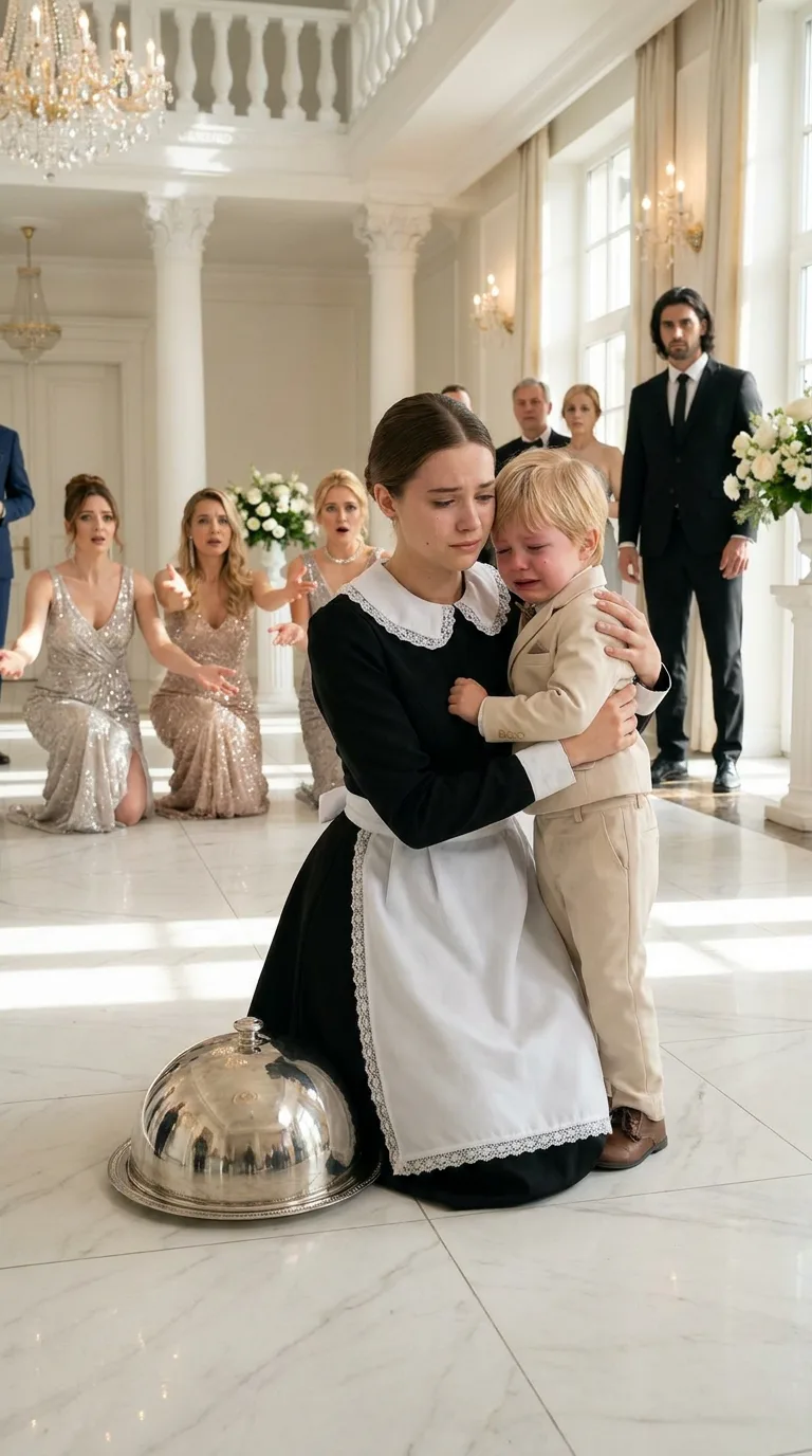 “CHOOSE YOUR NEW MOMMY!” — A MILLIONAIRE'S SON WAS ORDERED TO PICK ONE OF THREE WOMEN DRESSED IN WHITE… BUT THE LITTLE BOY BURST INTO TEARS, WALKED RIGHT PAST THEM, AND RAN INTO A MAID'S ARMS. WHEN HIS FATHER DISCOVERED WHY, HE CANCELED THE CELEBRATION IN FRONT OF EVERYONE!