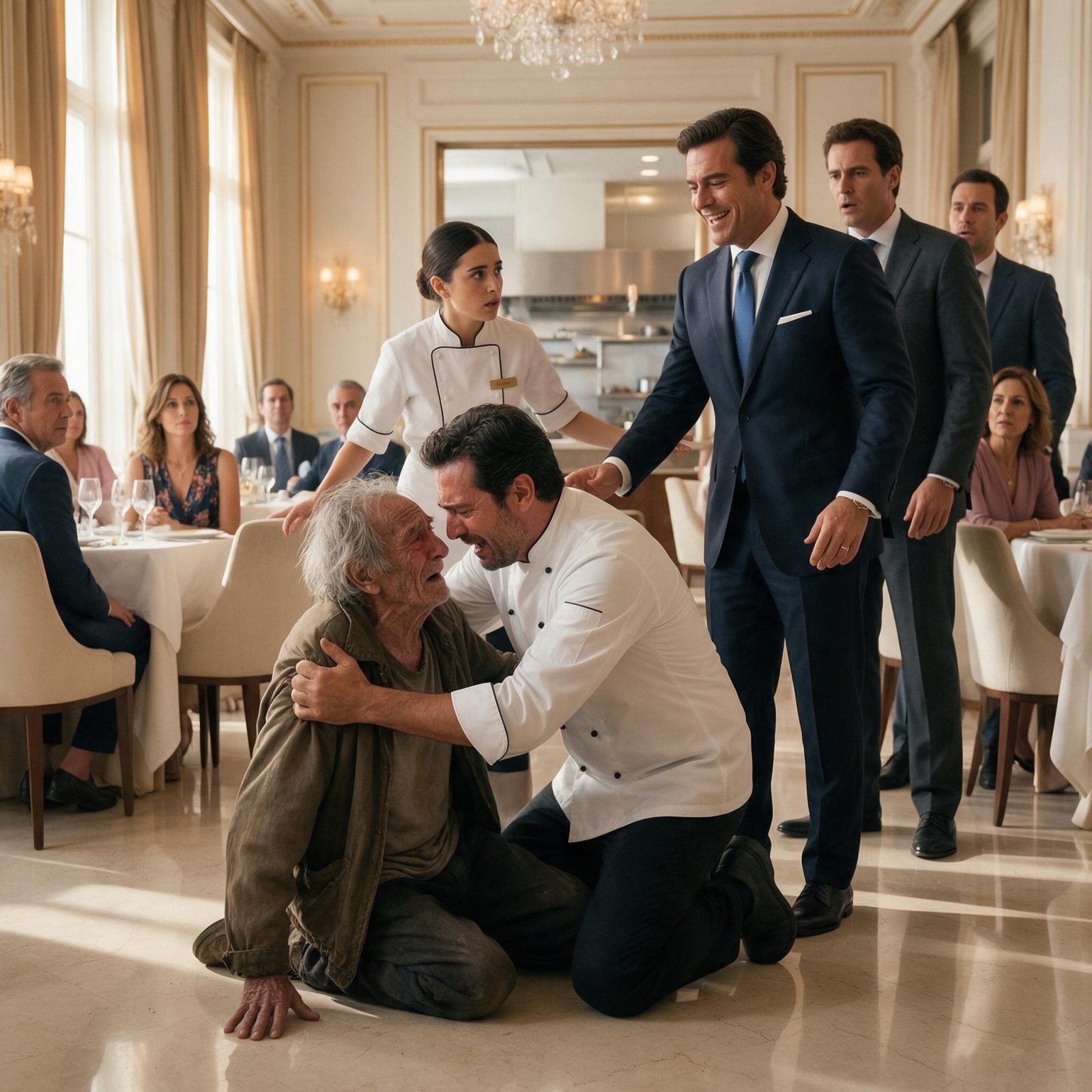 LOS EMPRESARIOS MÁS RICOS DEL RESTAURANTE TIRARON AL SUELO A UN ANCIANO POBRE… PERO EL CHEF SALIÓ CORRIENDO DE LA COCINA Y GRITÓ: «¡ES MI PADRE!»