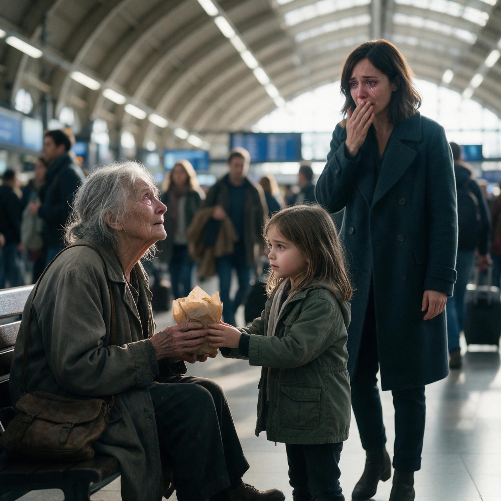 UNA NIÑA LE DIO SU COMIDA A UNA ANCIANA EN LA ESTACIÓN… PERO SU MADRE VIO SU ROSTRO Y SUSURRÓ ENTRE LÁGRIMAS: «MAMÁ… ¿ERES TÚ?»
