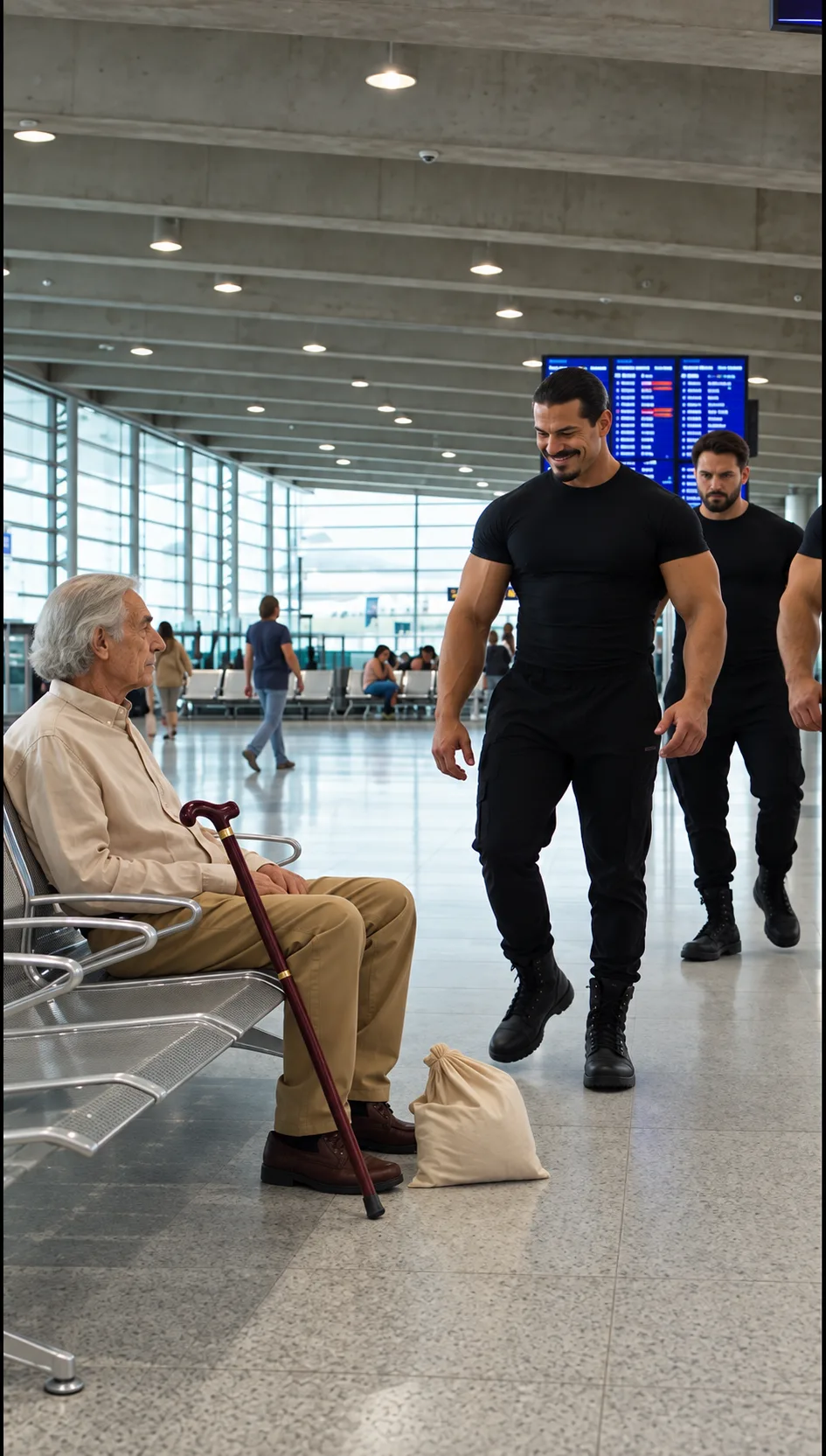 TRES HOMBRES LE QUITARON LA BOLSA A UN ANCIANO EN EL AEROPUERTO… PERO CUANDO EL MÁS FUERTE INTENTÓ EMPUJARLO, CAYÓ AL SUELO Y EL VIEJO SOLO DIJO: «AHORA DEVUÉLVEMELA»