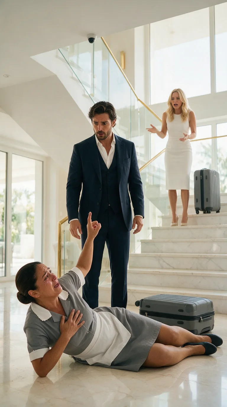 LA PROMETIDA DEL MILLONARIO EMPUJÓ A LA EMPLEADA POR LAS ESCALERAS… PERO NO SABÍA QUE LAS CÁMARAS HABÍAN VISTO TODO