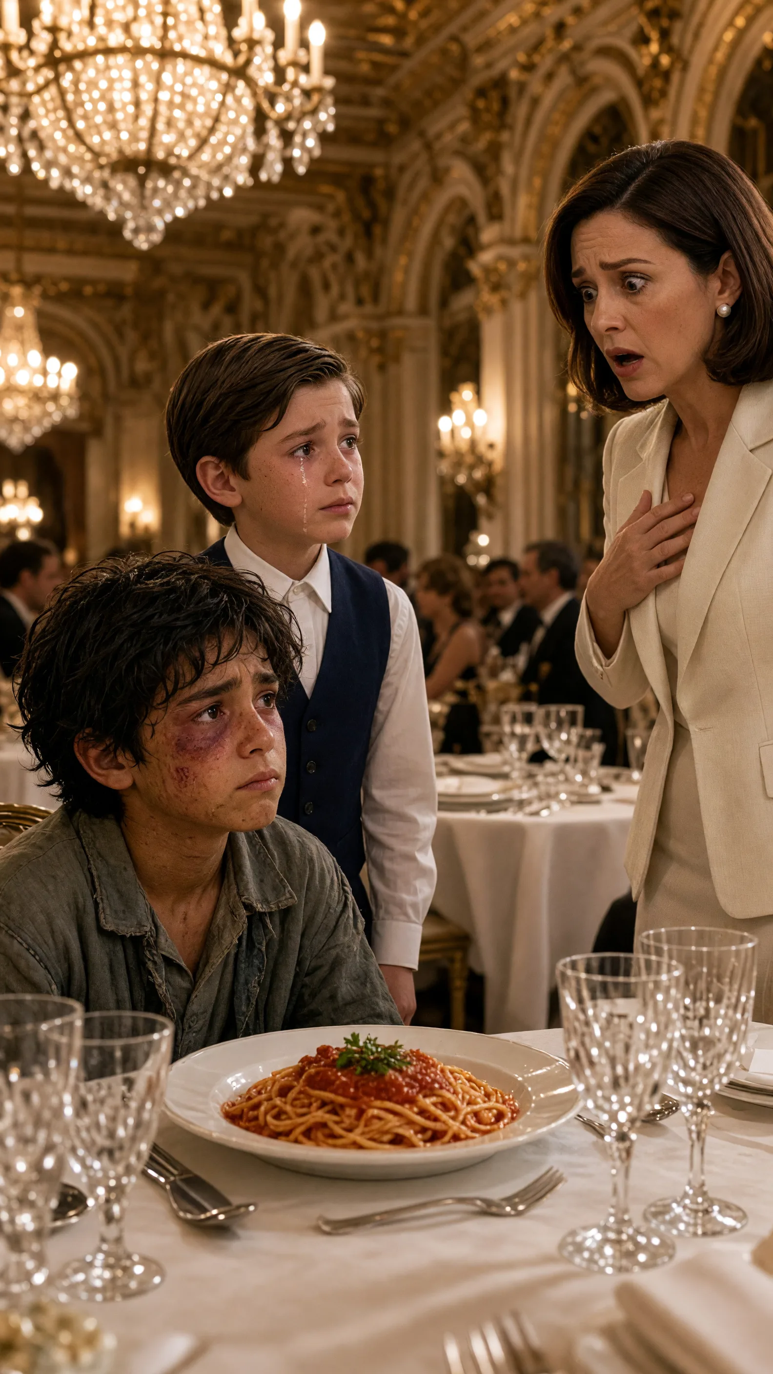 SU HIJO LLEVÓ A UN NIÑO HERIDO A LA MESA DE LOS INVITADOS Y ELLA GRITÓ: «ÉL NO PUEDE ESTAR AQUÍ»… PERO CUANDO EL PEQUEÑO LEVANTÓ LA CARA, VICTORIA SUSURRÓ: «NO PUEDE SER»