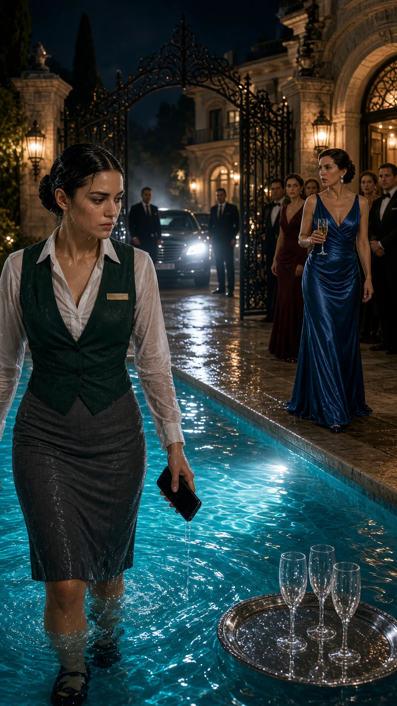 LA EMPUJARON A LA PISCINA Y SE RIERON PORQUE SOLO ERA UNA CAMARERA… PERO ELENA SALIÓ DEL AGUA, HIZO UNA LLAMADA Y DIJO: «YA PUEDE ENTRAR»