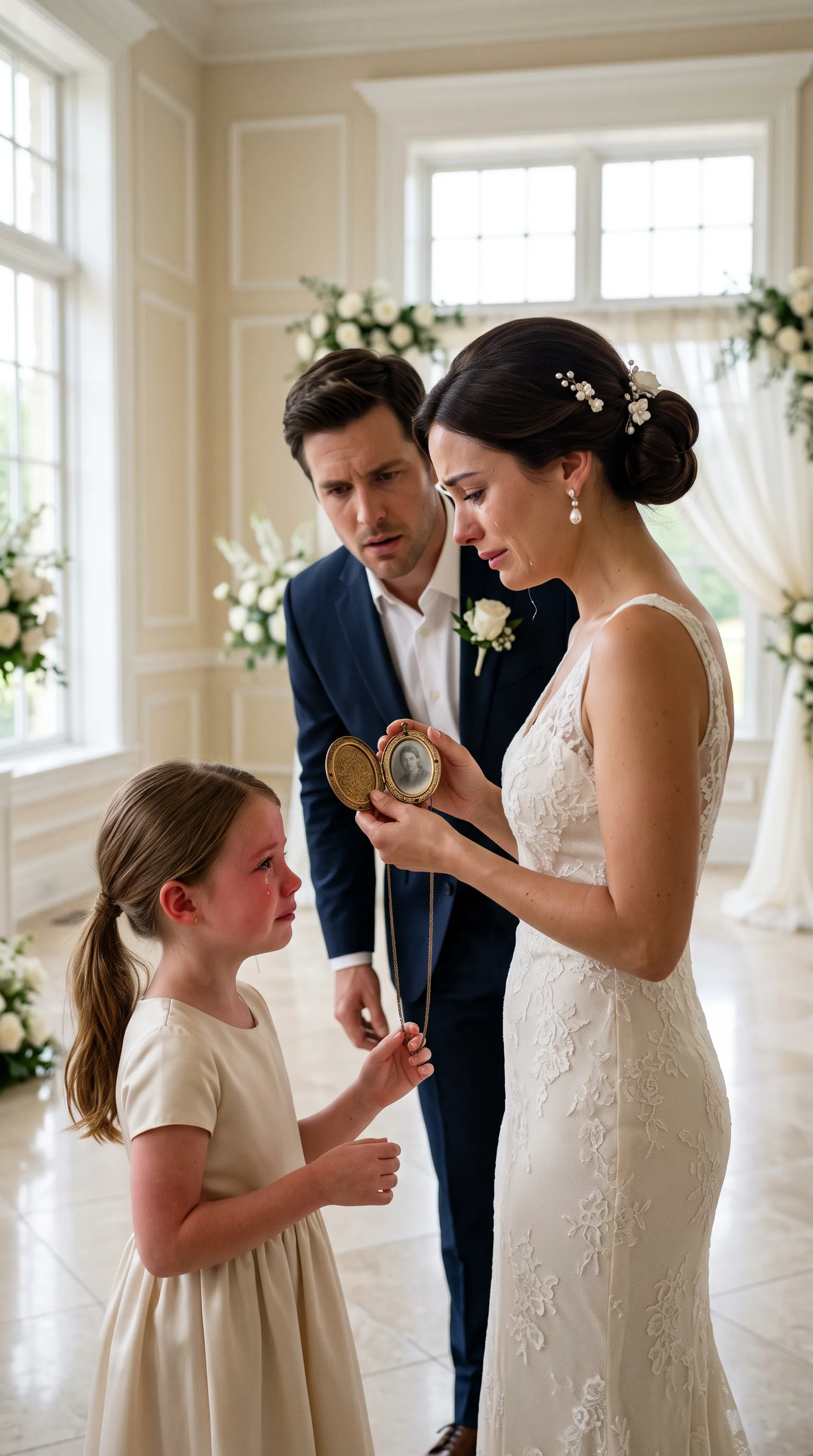 A CRYING LITTLE GIRL INTERRUPTED THE WEDDING WITH AN OLD LOCKET… THEN THE BRIDE WHISPERED, “MY MOTHER WAS BURIED WEARING THIS”