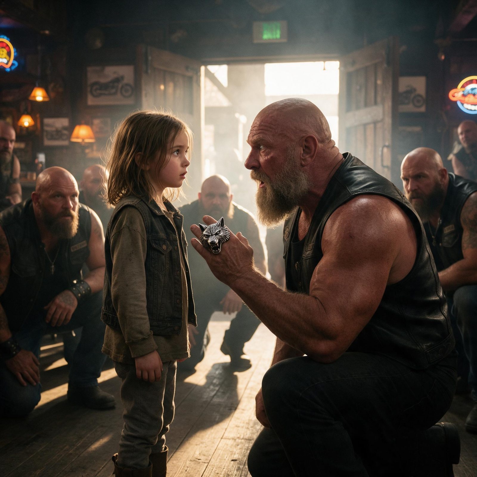 THE LITTLE GIRL WALKED INTO A BIKER BAR AND SAID, “MY MOM TOLD ME TO FIND THE MAN WHO WEARS THE WOLF”